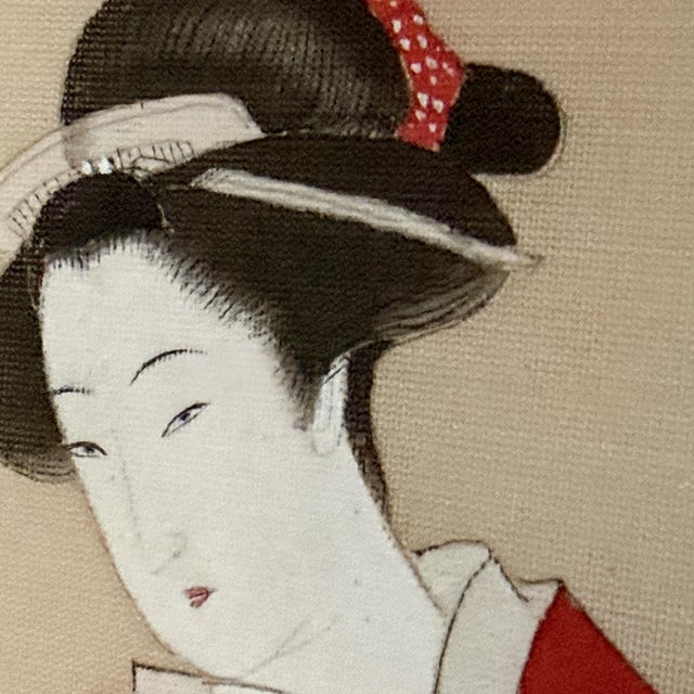Japanese Early 20th Century Japanese Bijin-Ga Mixed-Media Silk Artwork of Two Women With Fans For Sale - Image 3 of 8