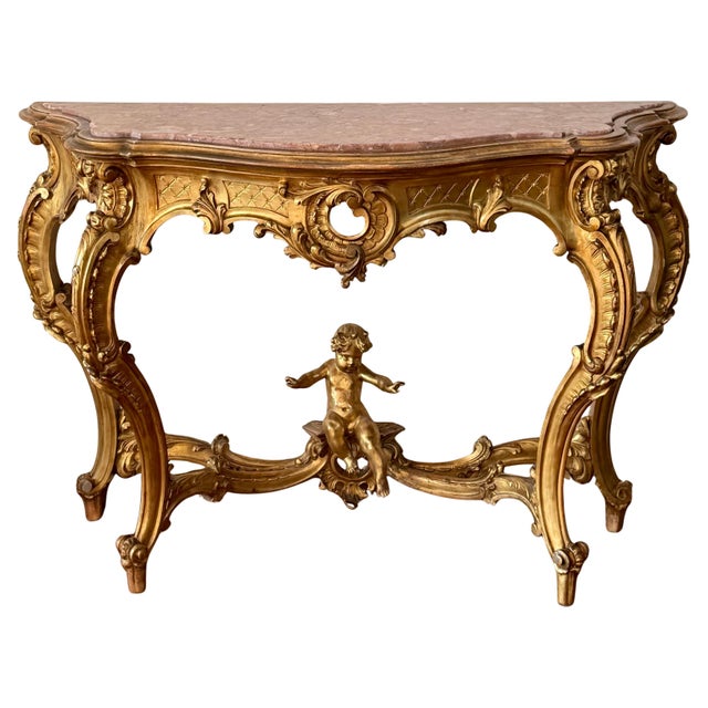 Early 19th Century Baroque Carved & Gilted Walnut Ormolu with Marble Console Table and Cherub For Sale - Image 15 of 18