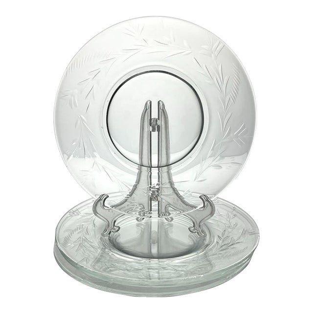 Vintage Etched Organic Garland Leaf Glass Salad Plates - Set of 4 For Sale