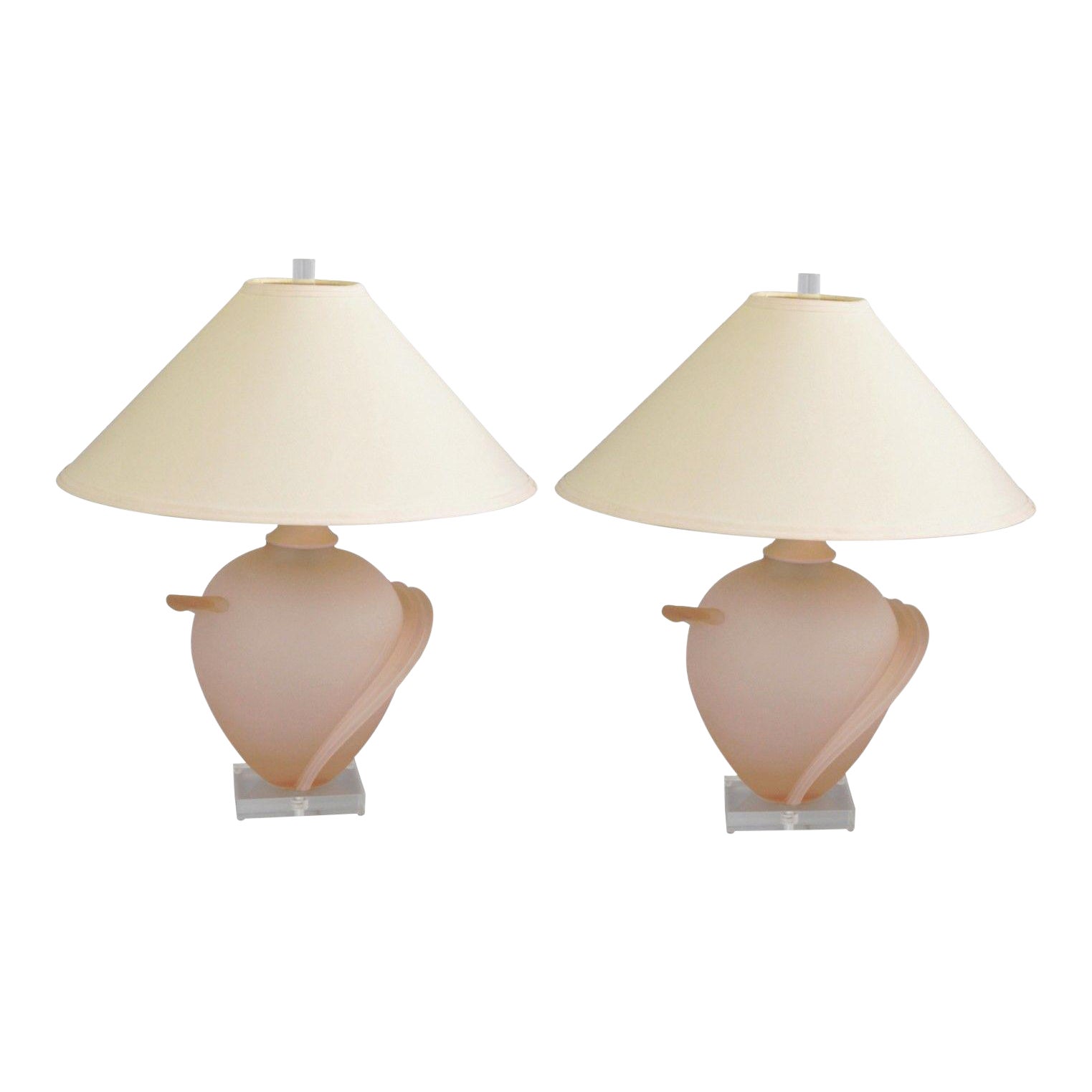 Pair Of Hollywood Regency Satin Frosted Pink Glass Table Lamps Lucite Vintage Mid Century Modern Chairish