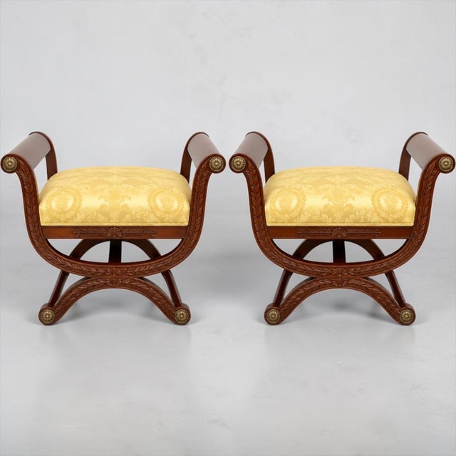 Wood French Neo-Classical Style Fruitwood & Bronze X Base Benches / Ottomans - Pair For Sale - Image 7 of 7