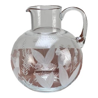 Vintage Tiffany & Co. Etched Crystal Pitcher Featuring a Lily of the Valley Floral Motif For Sale