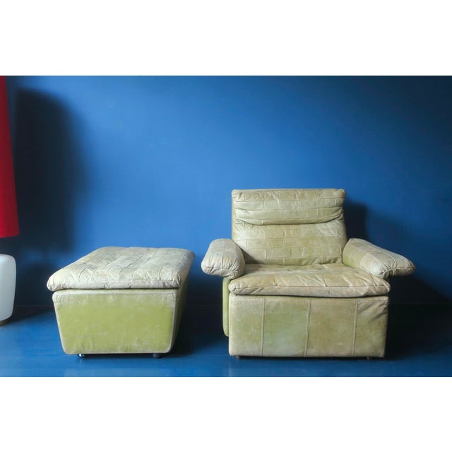 Animal Skin Set of Olive Patchwork Leather Lounge Chair and Ottoman from Laauser, 1970s For Sale - Image 7 of 16