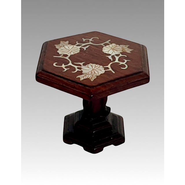 Brown Collection of Miniature Chinese Hand Carved Rosewood Dolls House Furniture Inlaid With Mother of Pearl, 13 Pieces (Seating, Dining & Display) For Sale - Image 8 of 11