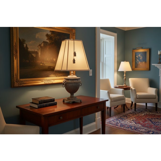 Vintage John Richard Neoclassical Lion Head Urn Lamp With Tassel Shade For Sale - Image 13 of 13