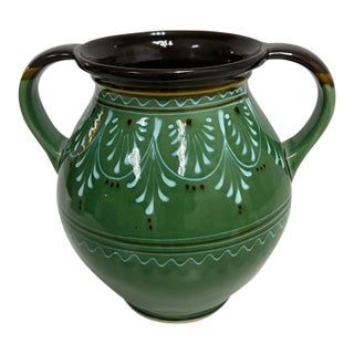 Hungarian Folk Art Double-Handled Pottery Vessel, Signed For Sale