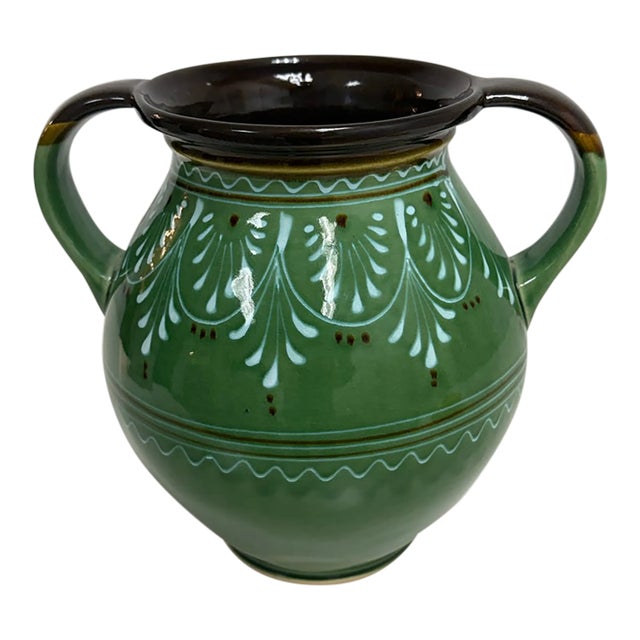 Hungarian Folk Art Double-Handled Pottery Vessel, Signed For Sale