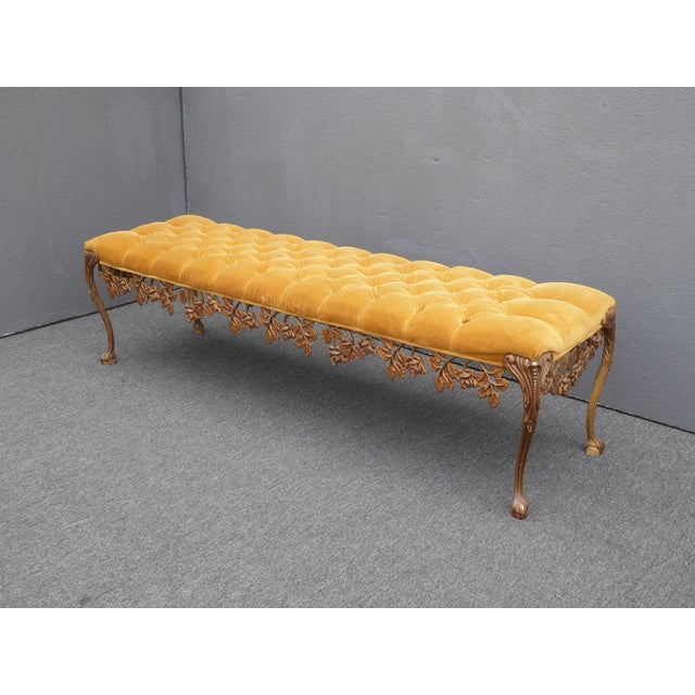 1950s Vintage Hollywood Regency Scrolled Skirt Tufted Gold Bench
