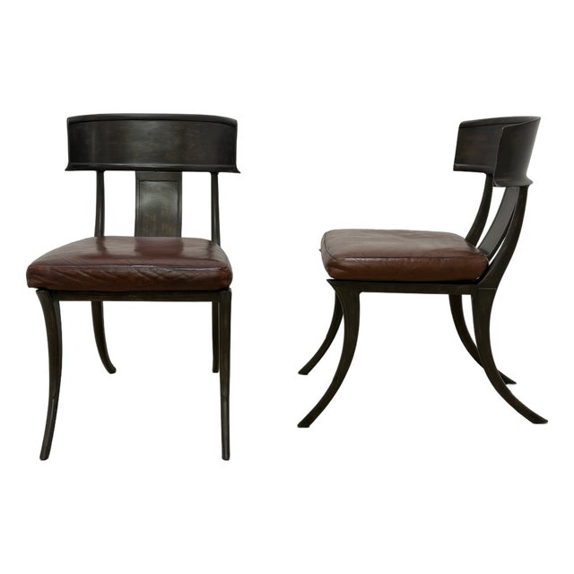 Michael Taylor Bronzed Klismos Garden Chairs With Leather Cushions, 1990s For Sale