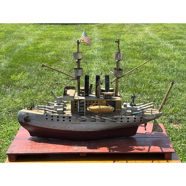American Late 19th C. American Primitive Folk Hand-Crafted Battleship Model on Base For Sale - Image 3 of 17