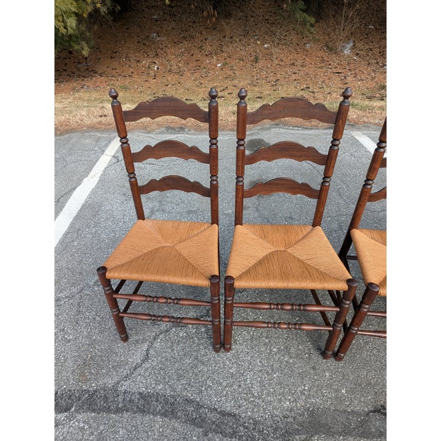 Brown Vintage Set of Four Colonial-Style Ladderback Dining Chairs With Rush Seats | Farmhouse, Shaker, French Country Style For Sale - Image 8 of 10