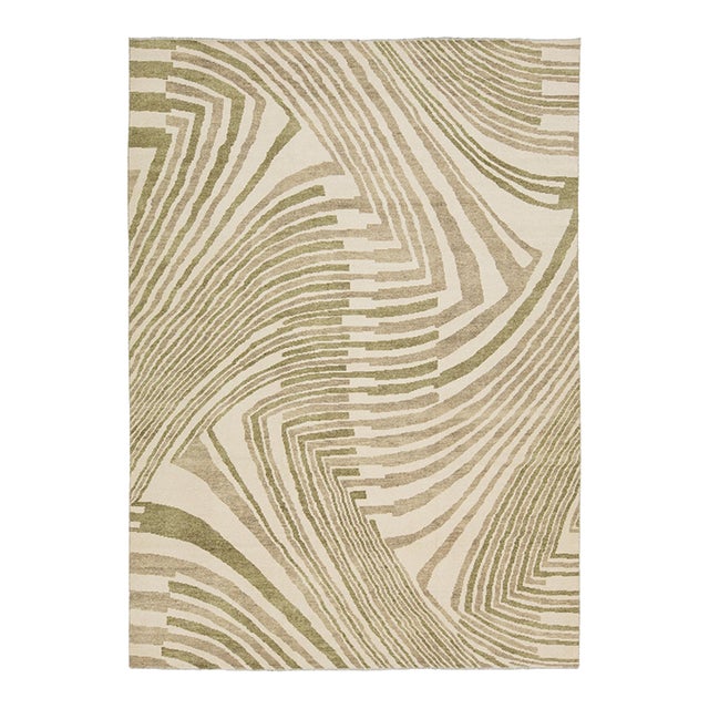 Contemporary Abstract Geometric Wool Area Rug – Olive Green & Cream Modernist For Sale