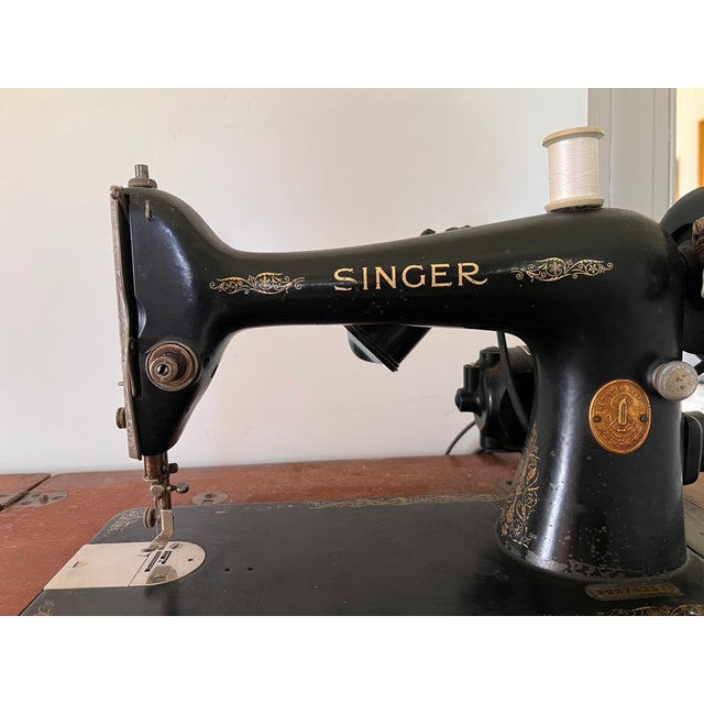 Wood Vintage 1930s Singer Electric Sewing Machine in Original Wooden Cabinet With Extension Leaf For Sale - Image 7 of 16