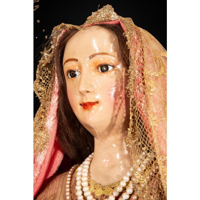 18th Century Colonial Peruvian Maguey Wood Virgin with Silver Crown For Sale - Image 6 of 10