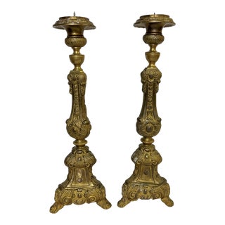 Antique French Brass Altar Prickets/ Candlesticks Circa Early 1900's- a Pair For Sale
