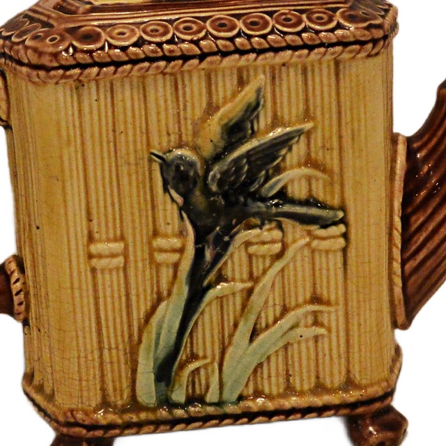 Victorian Victorian Majolica Faux Bamboo Teapot With Relief Songbird Motif, Circa 1890 For Sale - Image 3 of 9