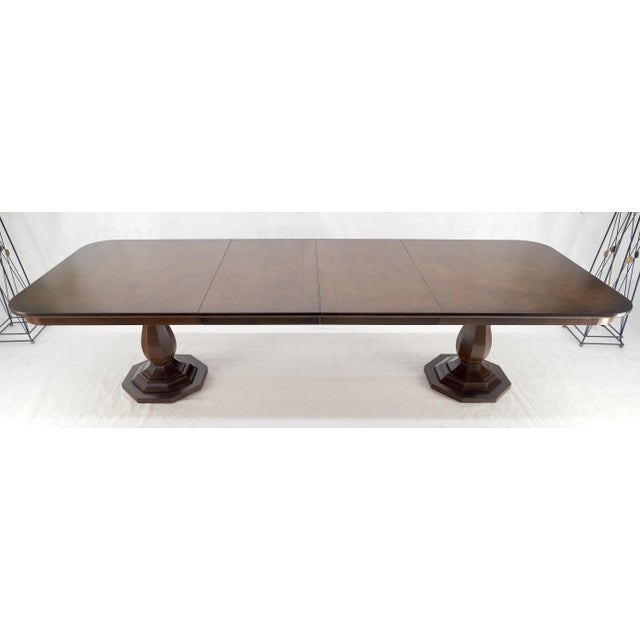 1960s Henredon Double Pedestal Legs 76" Long Burl Wood Dining Table 2x22 Leafs For Sale - Image 5 of 12