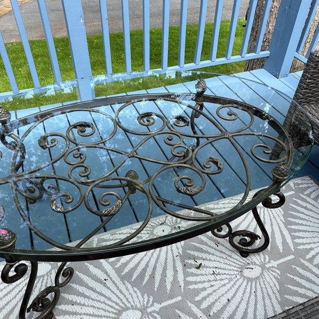 1970s Vintage Wrought Iron French End Table Beveled Glass Top Ornate Rectangular For Sale - Image 5 of 8