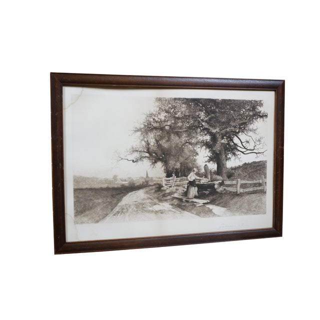 Antique late 19th-century black-and-white rural landscape etching by Ernest Christian Rost Panoramic country etching of...