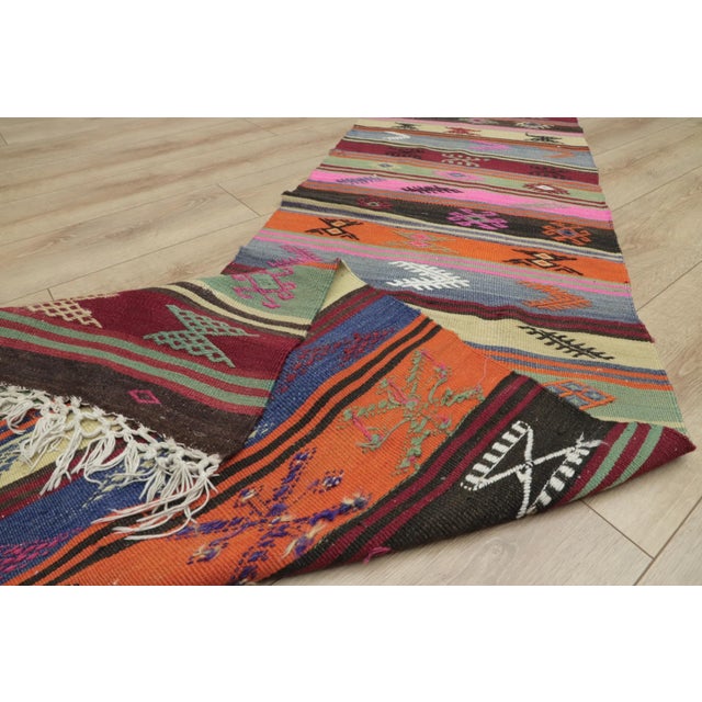 1960s Traditional Striped Colorful Hand Knotted Kilim Runner Rug For Sale - Image 10 of 13