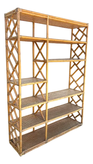 1960s Restored Mid-Century Rattan Ten-Tier Display Shelf Wall Etagere Unit W/ Cabinet
