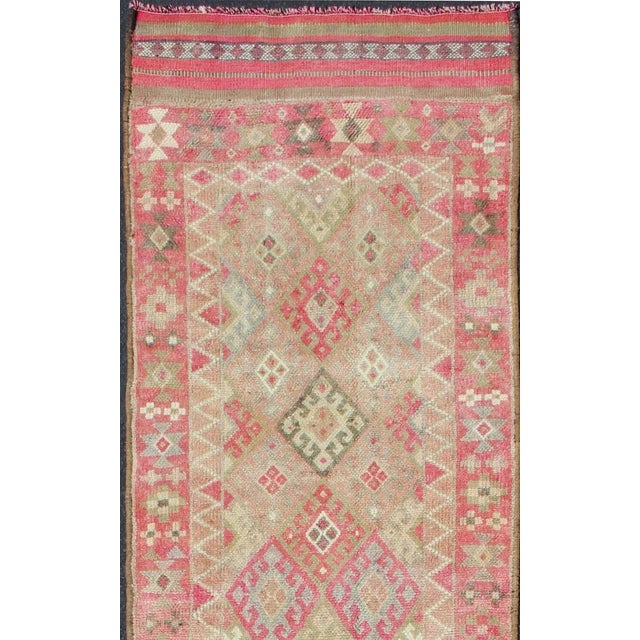 Geometric Kurdish Design Vintage Runner From Turkey in Pink, Red & Green Colors For Sale - Image 4 of 12