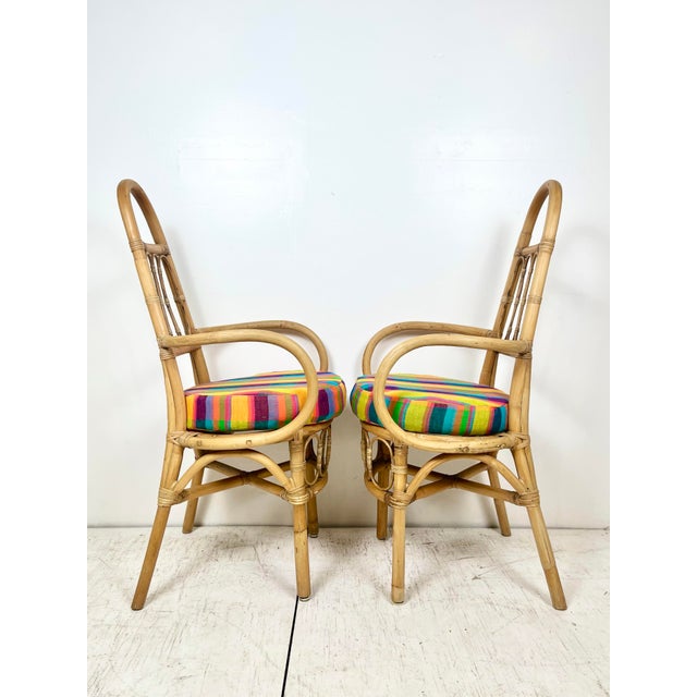 Late 20th Century Vintage Tall Back Rattan Arm Chairs- A Pair For Sale - Image 5 of 12