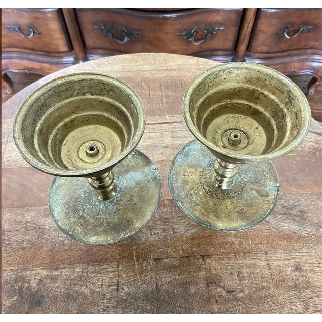 18th Century Dutch Brass Candlesticks With Mid Mounted Drip Trays - A Pair For Sale - Image 6 of 9