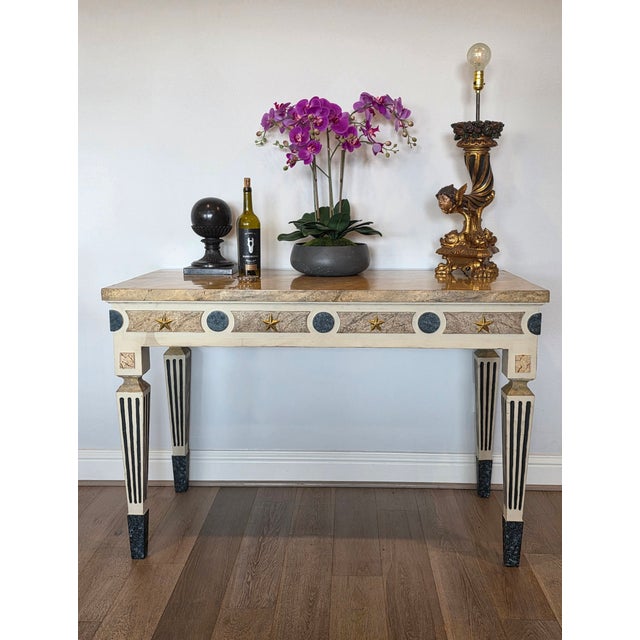 Neoclassical Gustavian Style Gilt Bronze Mounted Cream Painted Console Table With Marbelized Faux Marble For Sale - Image 4 of 18