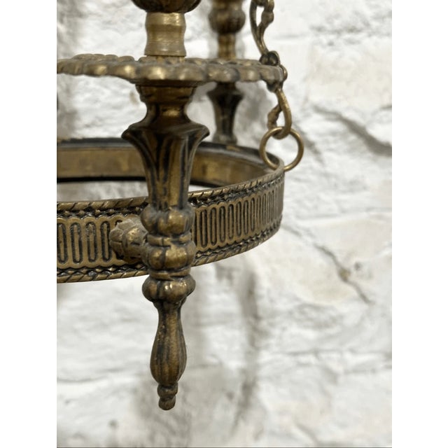 Vintage Neoclassical Style Ornate Floral Design Brass Weird 3 Arm Chandelier For Sale - Image 4 of 7
