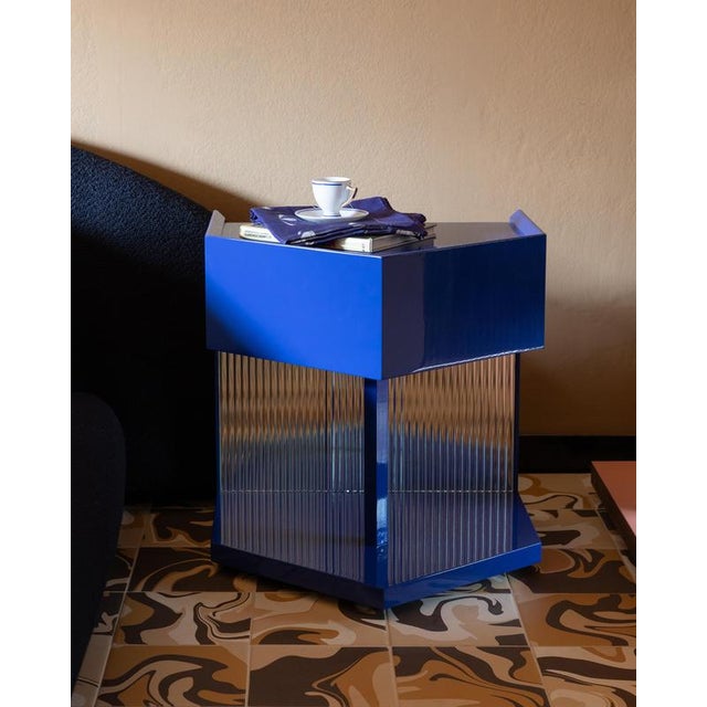 Not Yet Made - Made To Order Last Call Nightstand in Glossy Blue Lacquered MDF & Flute Mirror by Softhouse For Sale - Image 5 of 7