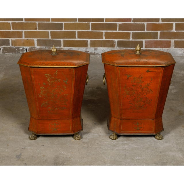 19th Century English Victorian Red Lacquer Cellarettes with Chinoiseries - a Pair For Sale - Image 4 of 12