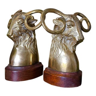Mid 20th Century Vintage Wood Base Goat Solid Brass Ram Bookends - a Pair For Sale
