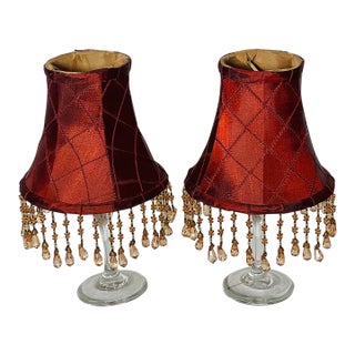 Vintage Vine Red Silk Lamp Shadrs With Crystal Fringes - Pair For Sale