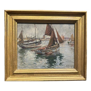 Georges Maroniez, Trawlers in Calm Weather at Camaret, Oil on Wood For Sale