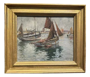 Georges Maroniez, Trawlers in Calm Weather at Camaret, Oil on Wood