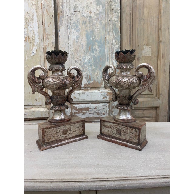 Italian Tuscan Carved Wood Pedestal Candle Holders - a Pair For Sale - Image 6 of 7