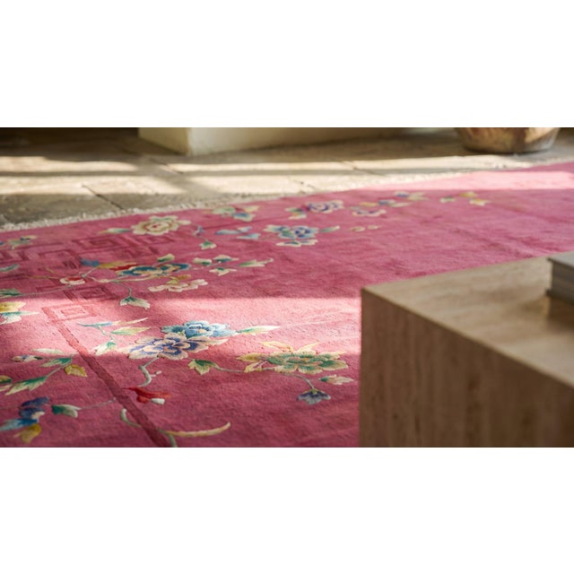 1920s Bright Pink Floral Modern Antique Chinese Deco Rug 8' 10" X 11' 6" Knotted Wool Carpet For Sale - Image 9 of 9