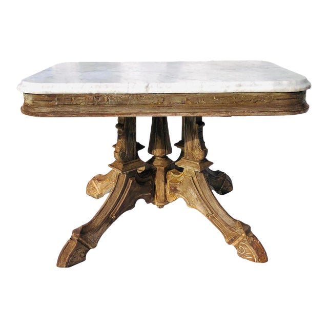 Victorian Eastlake Beveled Marble Top Carved Legs Coffee Table For Sale