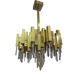 Crystal and Gilt Brass Chandelier attributed to BD Lumica, Spain, 1970s For Sale