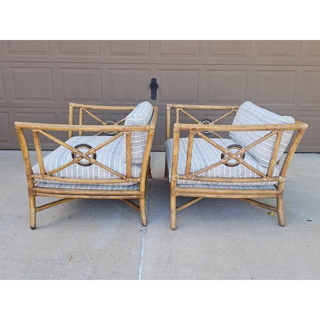 Pair of McGuire Target Back Lounge Chairs With 3 McGuire Footstools For Sale - Image 10 of 18
