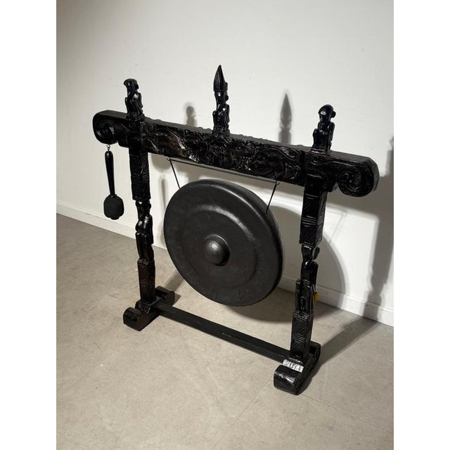 Large Gong with Carved Wooden Stand and Mallet For Sale - Image 4 of 9