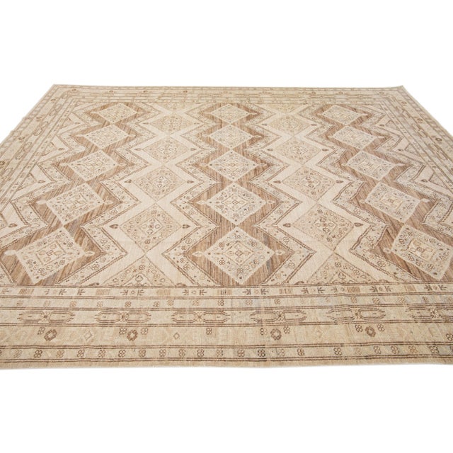 Indian 2010s Modern Handmade Indian Peshawar Wool Rug With a Beige Geometric Motif For Sale - Image 3 of 7