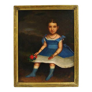 19th Century "Girl in a Blue Dress With Fruit and Flowers" Americana Oil Painting by J. Platt, Framed For Sale