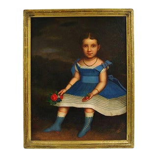 19th Century "Girl in a Blue Dress With Fruit and Flowers" Americana Oil Painting by J. Platt, Framed For Sale