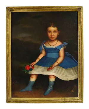 19th Century "Girl in a Blue Dress With Fruit and Flowers" Americana Oil Painting by J. Platt, Framed