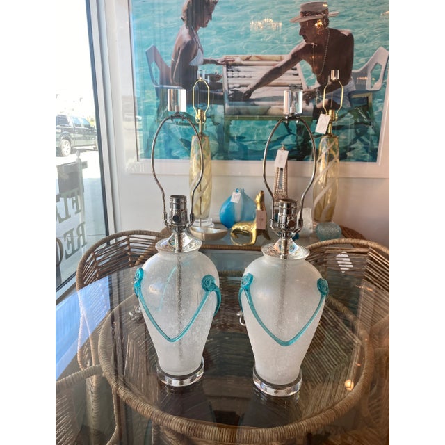 Vintage Murano Frosted Aqua Glass Lucite Table Lamps Newly Restored -A Pair For Sale - Image 12 of 12
