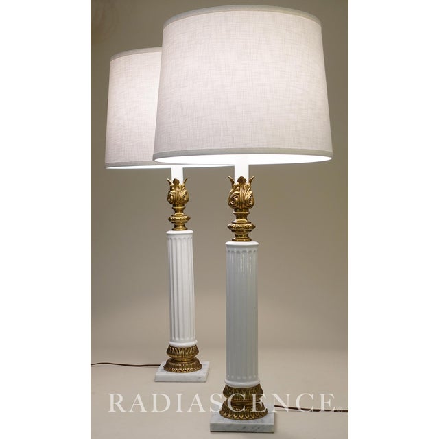 Hollywood Regency 1960s Stiffel Neoclassical Hollywood Regency Porcelain Composite Style Column Marble Brass Table Lamps - a Pair For Sale - Image 3 of 13