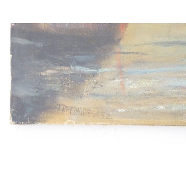 This painting by Boston Artist Steven Trefonides is dated 1952 and depicts an urban scene.