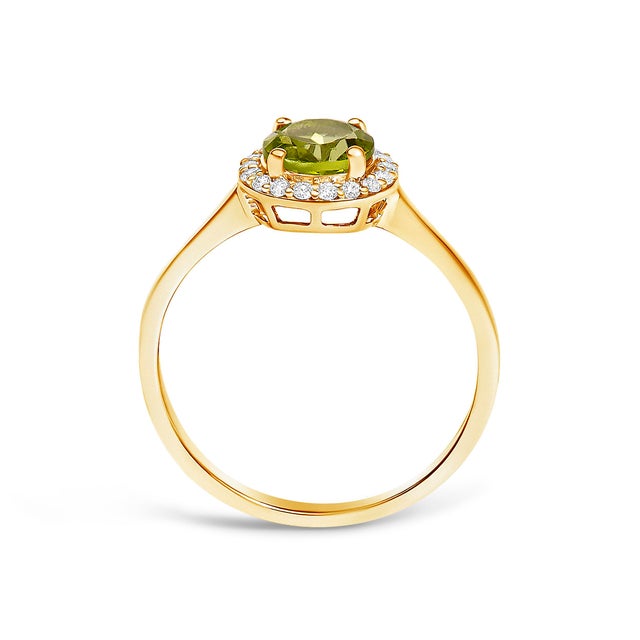 10K Yellow Gold Green Peridot and 1/10 Cttw Diamond Halo Ring, Size 6.5 For Sale In New York - Image 6 of 7